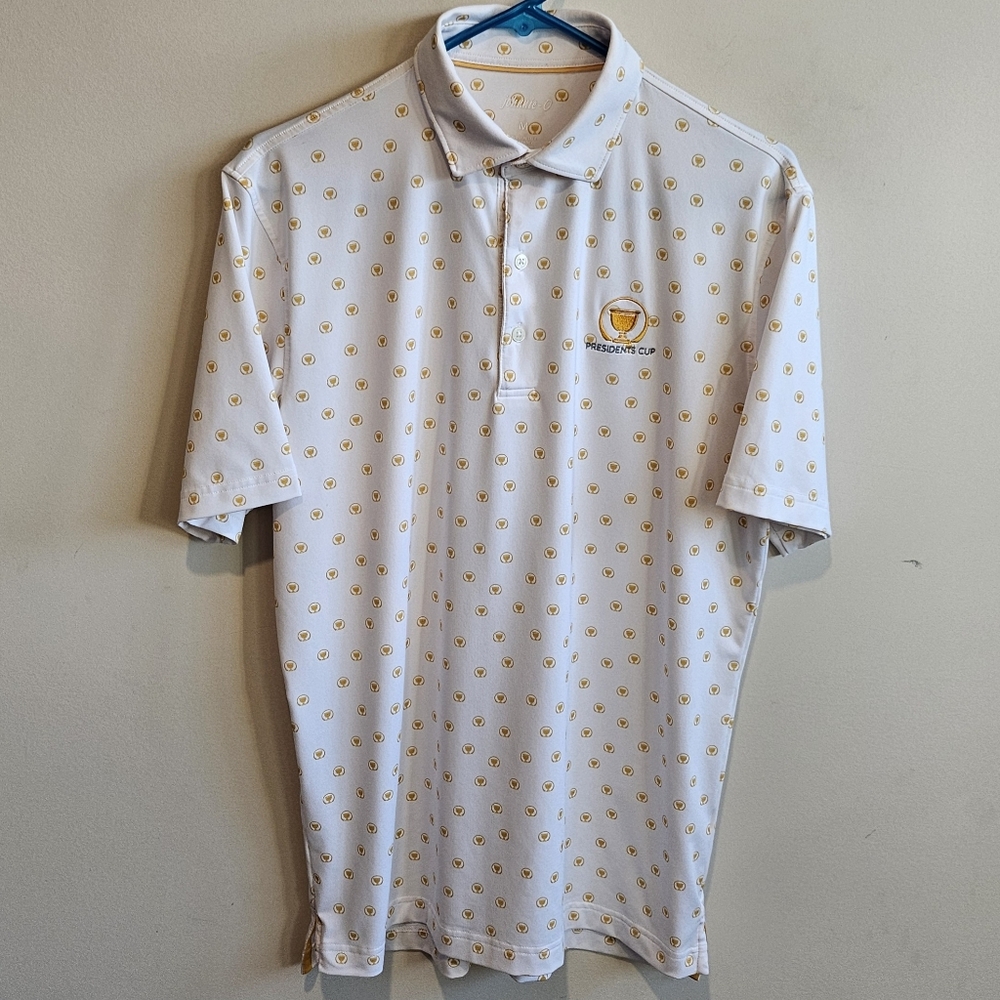 johnnie-O White Polo with Gold Printed Motif - Presidents Cup